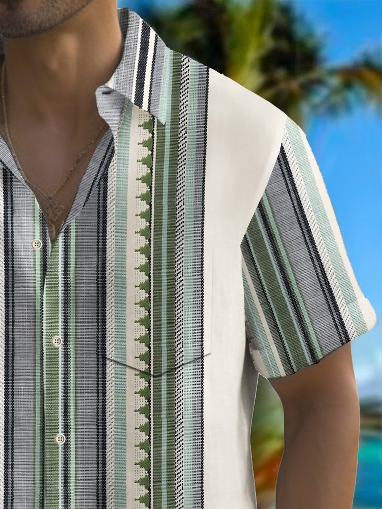 Alohadaddy Vintage Bowling Stripe Print Chest Pocket Shirt Plus Size Men&