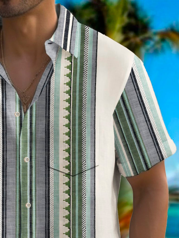 Alohadaddy Vintage Bowling Stripe Print Chest Pocket Shirt Plus Size Men&