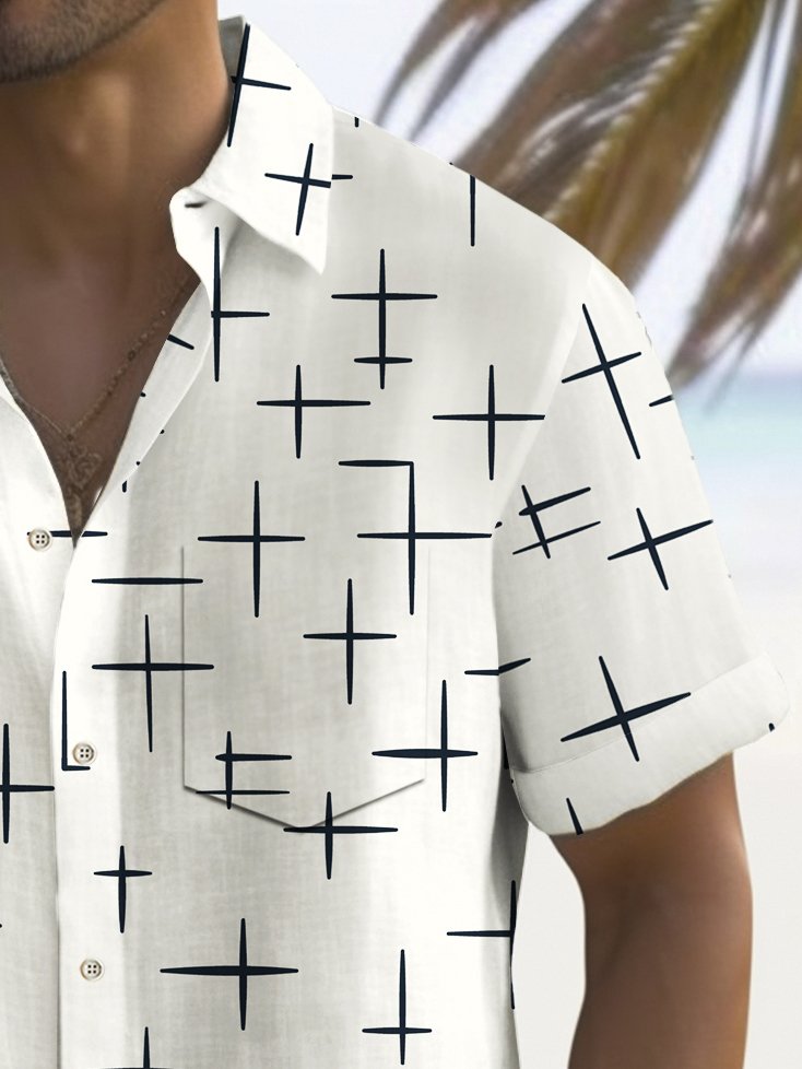 Alohadaddy Vintage Geometric Starburst Print Chest Pocket Shirt Plus Size Men&