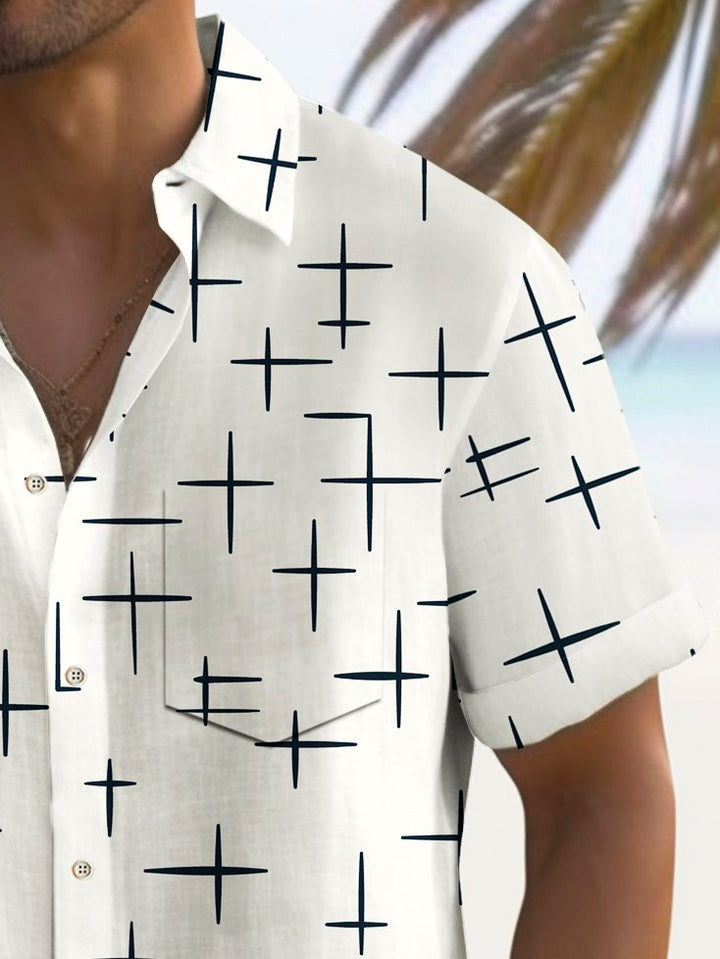Alohadaddy Vintage Geometric Starburst Print Chest Pocket Shirt Plus Size Men&