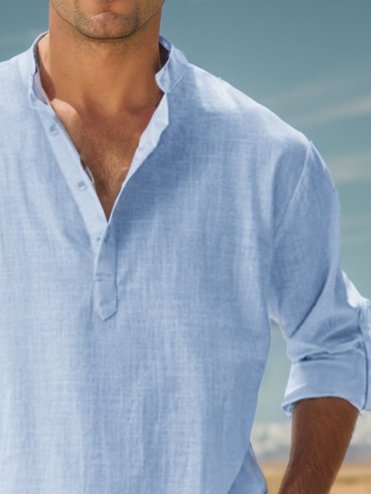 Camisas de manga larga con cuello de banda, de lino y algodón, básicas, informales, vintage, de Alohadaddy, cómodas y transpirables para campamento