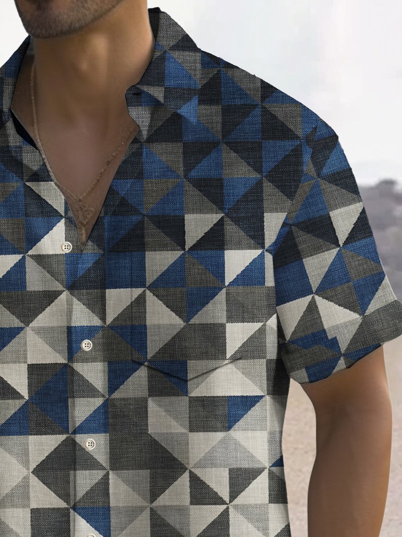 Alohadaddy Vintage Geometric Print Chest Pocket Stretch Shirt Big Tall