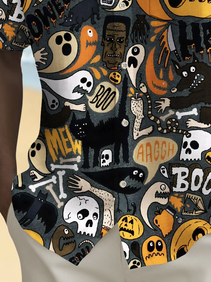 Camisa elástica con bolsillo en el pecho para hombre con estampado de dibujos animados de calabaza y calavera de Halloween de Alohadaddy, talla grande