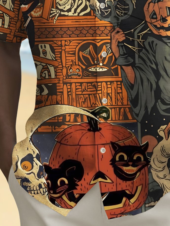 Camisa elástica con bolsillo en el pecho para hombre con estampado de póster de Halloween vintage de Alohadaddy, talla grande