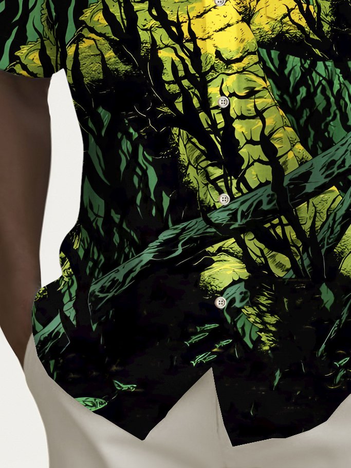 Camisa elástica con bolsillo en el pecho y estampado de monstruo de Halloween para hombre de Alohadaddy, talla grande