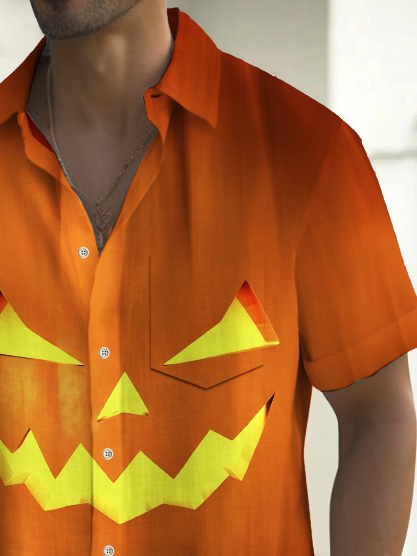 Camisa elástica con bolsillo en el pecho y estampado de calabaza de Halloween para hombre de Alohadaddy, talla grande