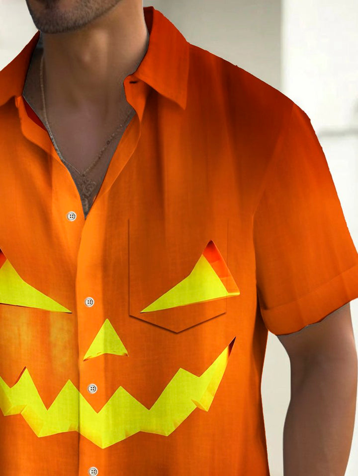 Camisa elástica con bolsillo en el pecho y estampado de calabaza de Halloween para hombre de Alohadaddy, talla grande