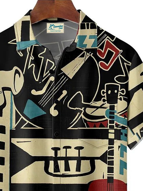 Camisa elástica con bolsillo en el pecho y estampado musical vintage de Alohadaddy, talla grande