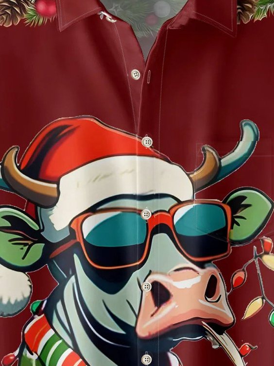 Camisa hawaiana elástica con bolsillo en el pecho y estampado de dibujos animados de vaca para hombre de Alohadaddy Christmas