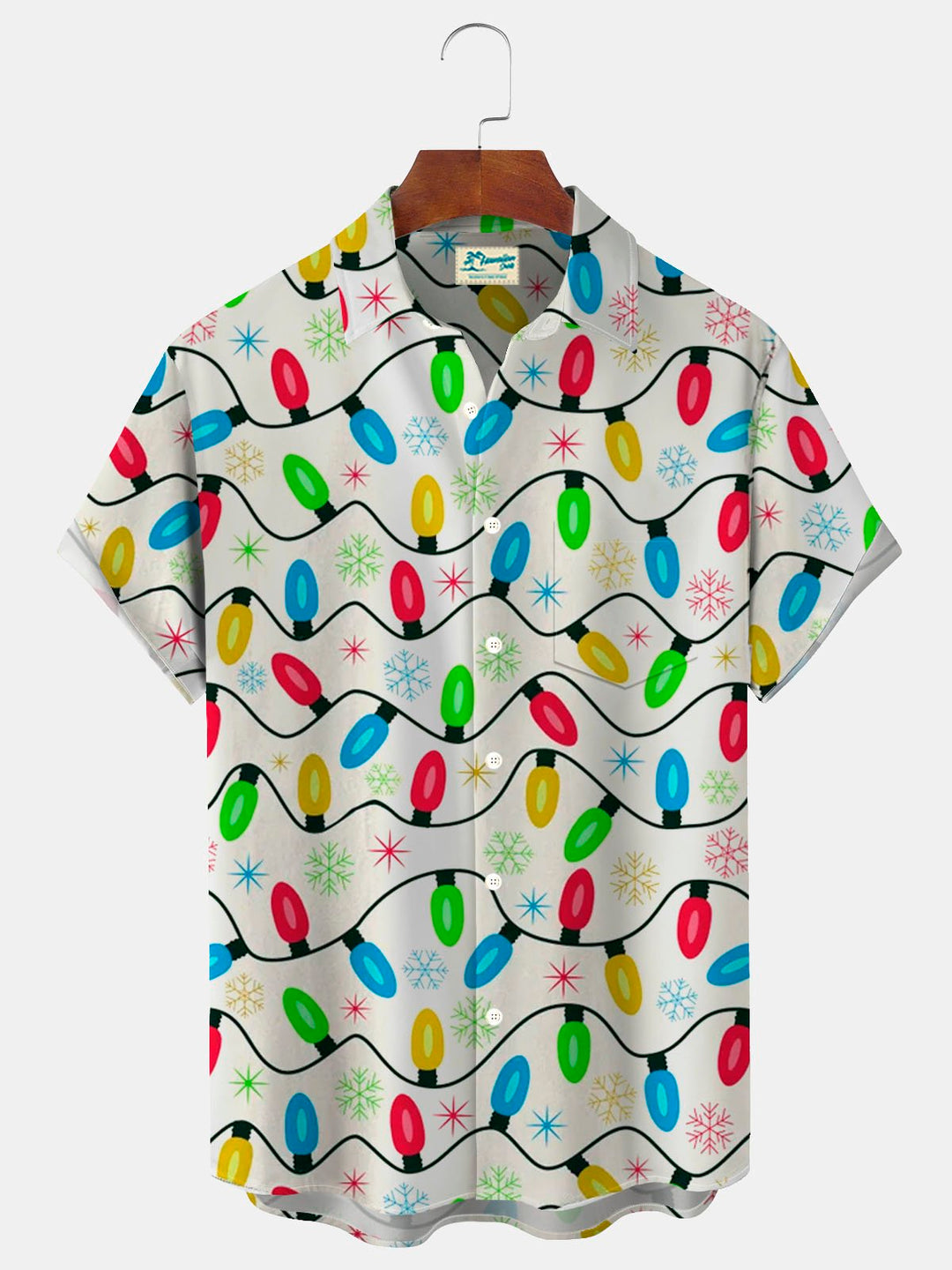 Camisa de manga corta con bolsillos y botones para hombre con estampado de luces navideñas de Alohadaddy