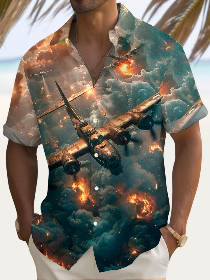 Camiseta de manga corta con bolsillo y botones para hombre con estampado de aviones de combate vintage de Alohadaddy