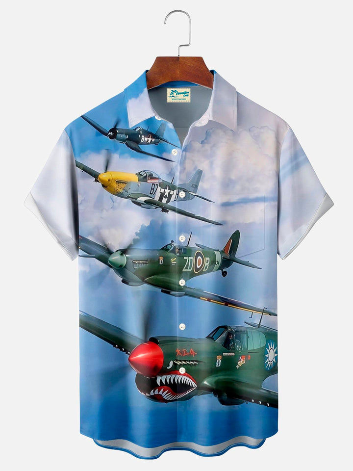 Camisa de manga corta con bolsillo abotonado para hombre con estampado de aviones de combate vintage de Alohadaddy