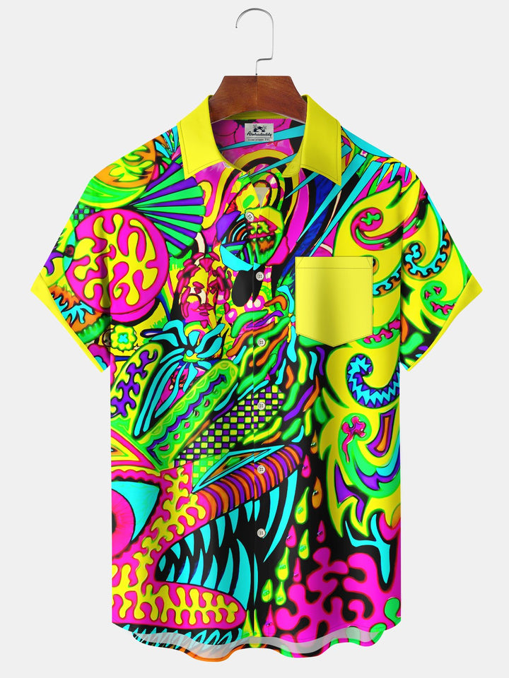 Alohadaddy Vintage Abstract Art Texture Print Chest Pocket Shirt Plus Size Men&