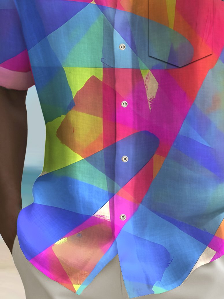 Alohadaddy® Vintage Gradient Geometry Print Chest Pocket Elasticity Hawaiian Shirt Big Tall