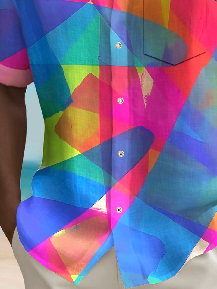 Alohadaddy® Vintage Gradient Geometry Print Chest Pocket Elasticity Hawaiian Shirt Big Tall