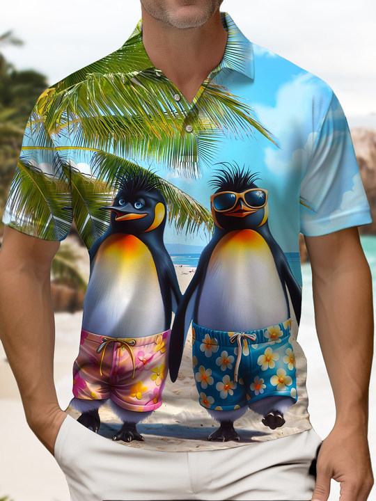 Alohadaddy Casual Everyday Penguin Beach Print Art Elastic Large Size Button Short Sleeve POLO Shirt