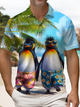 Alohadaddy Casual Everyday Penguin Beach Print Art Elastic Large Size Button Short Sleeve POLO Shirt