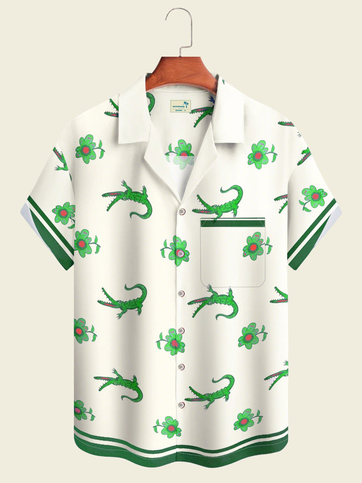 Alohadaddy Hawaiian Crocodile Flowers Art Print Button Cardigan Pockets Elastic Oversized Long Short Sleeve Shirt