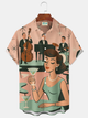 Alohadaddy® Vintage Retro 1950s Mid-century Atomic Age Geometric Jazz Night Art Print Men's Button Pocket Short Sleeve Shirt Big & Tall