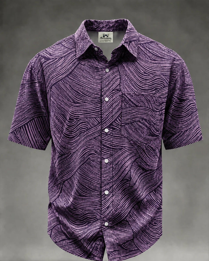 Alohadaddy® Men’s Basic Abstract Art Casual Black Gold Wavy Line Retro Print Button Down Short-Sleeve Shirt