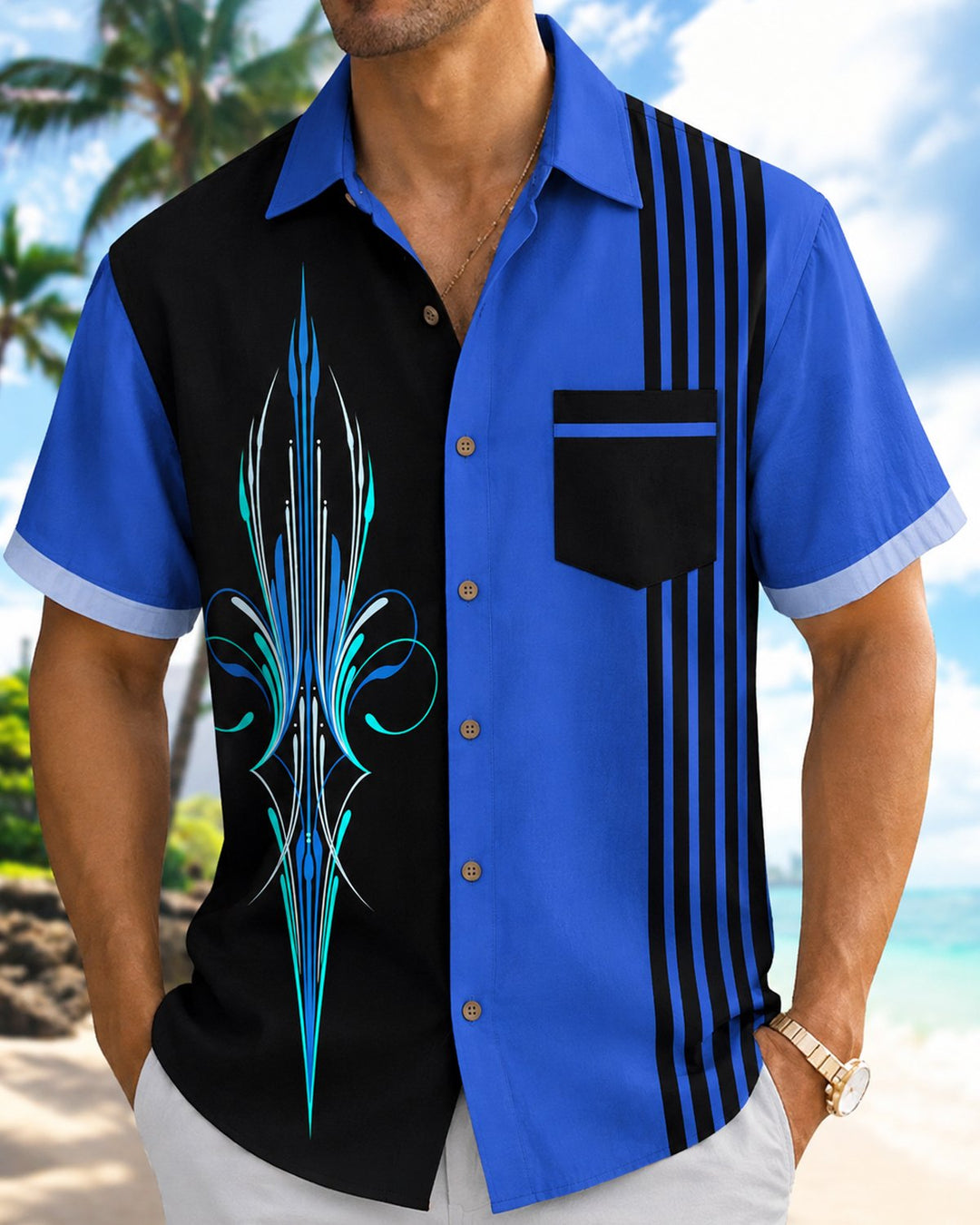 Alohadaddy® Retro Geometric Striped Atomic Bowling Shirt Print Men&