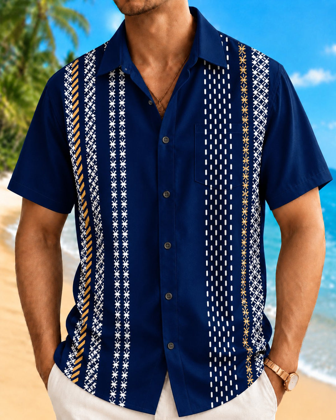 Alohadaddy® Casual Striped Geometric Bowling Print Men&