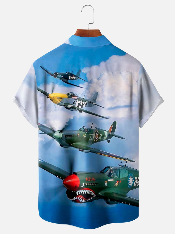 Camisa de manga corta con bolsillo abotonado para hombre con estampado de aviones de combate vintage de Alohadaddy