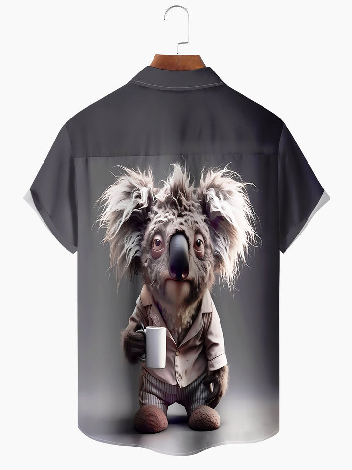 Alohadaddy Hawaii Vacation Koala Print Art Pocket Button Short Sleeve Stretch Large Size Men&