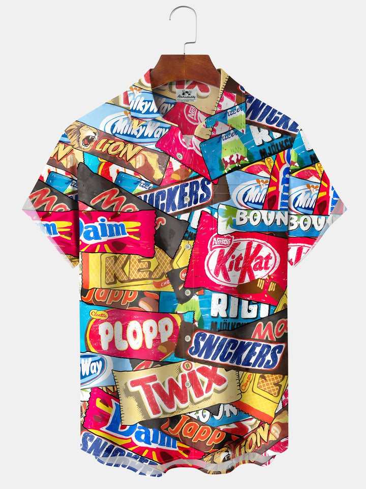 Alohadaddy Casual Retro Series Candy Paper Print Art Pocket Button Elastic Large Size Shirt
