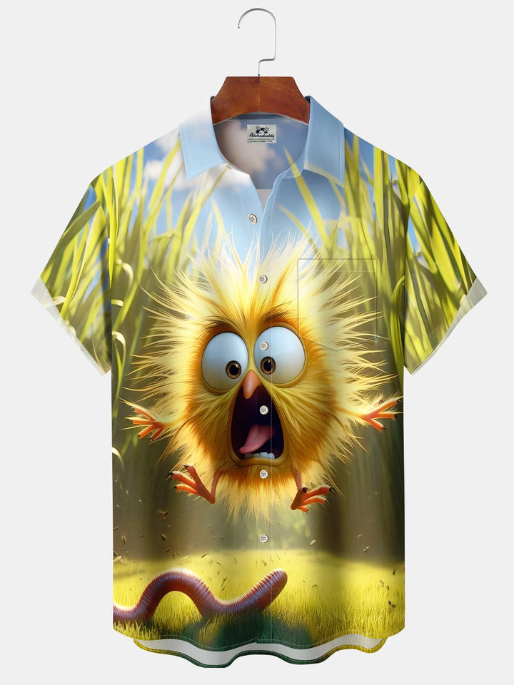 Alohadaddy Hawaiian Holiday Style Little Yellow Chicken Print Art Pocket Button Elastic Large Size Shirt