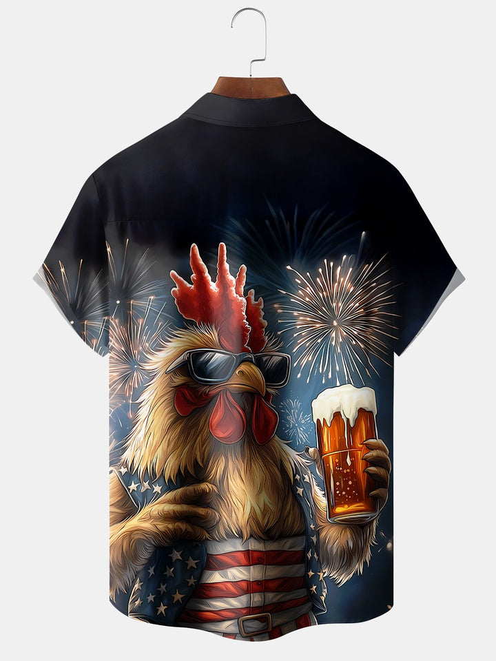 Alohadaddy Independence Rooster Beer Print Art Pocket Button Elastic Large Size Shirt