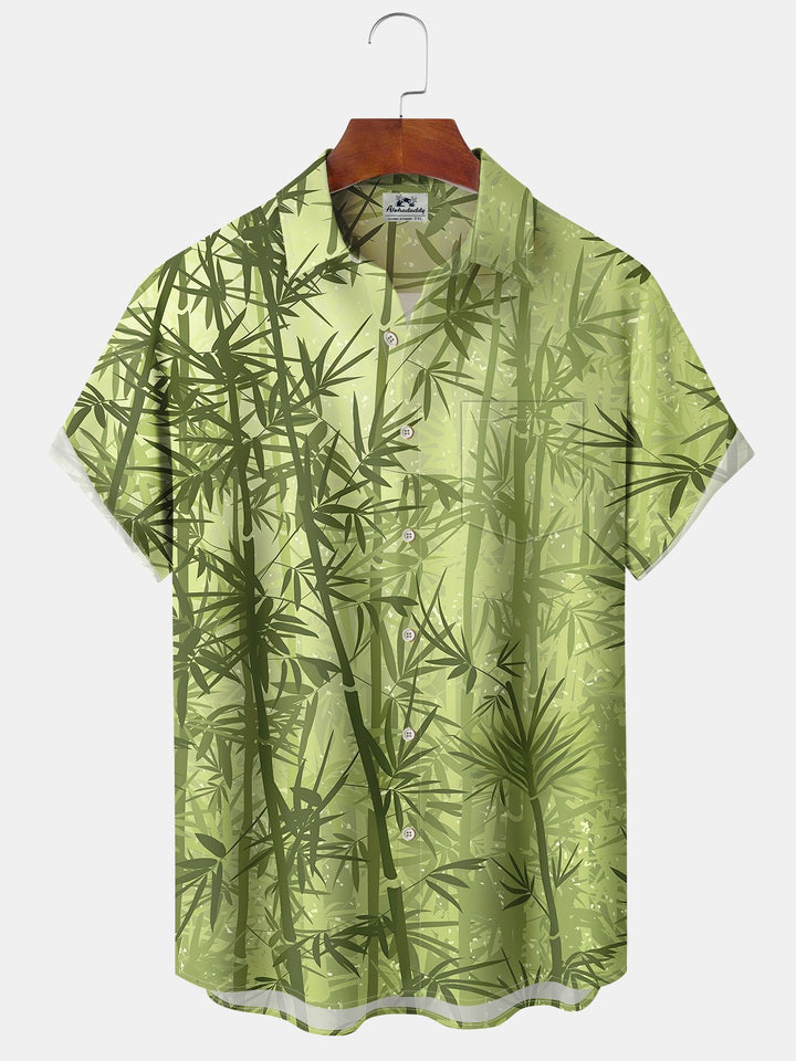 Alohadaddy Hawaiian Bamboo Art Print Button Cardigan Pockets Stretch Oversized Short Sleeve Shirt