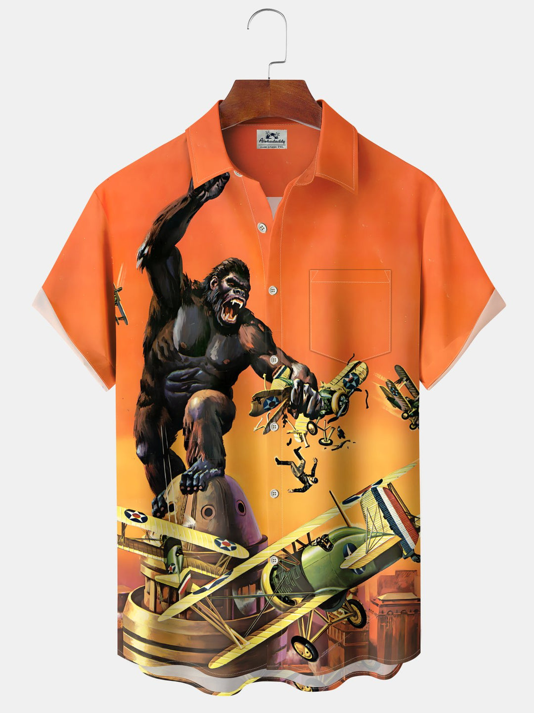 Alohadaddy Hawaii Ombre Gorilla and Fighter Pocket Button Cardigan Stretch Large Size Short Sleeve Shirt