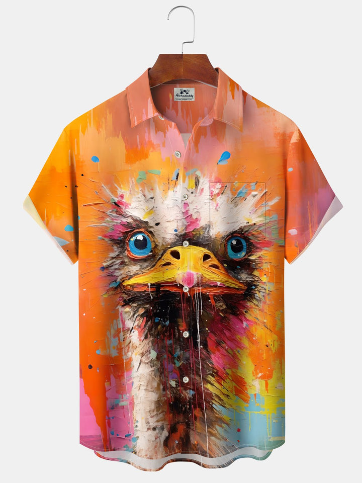 Alohadaddy Hawaiian Ink Painting Colorful Ostrich Print Button Cardigan Pocket Stretch Large Size Short Sleeve Shirt