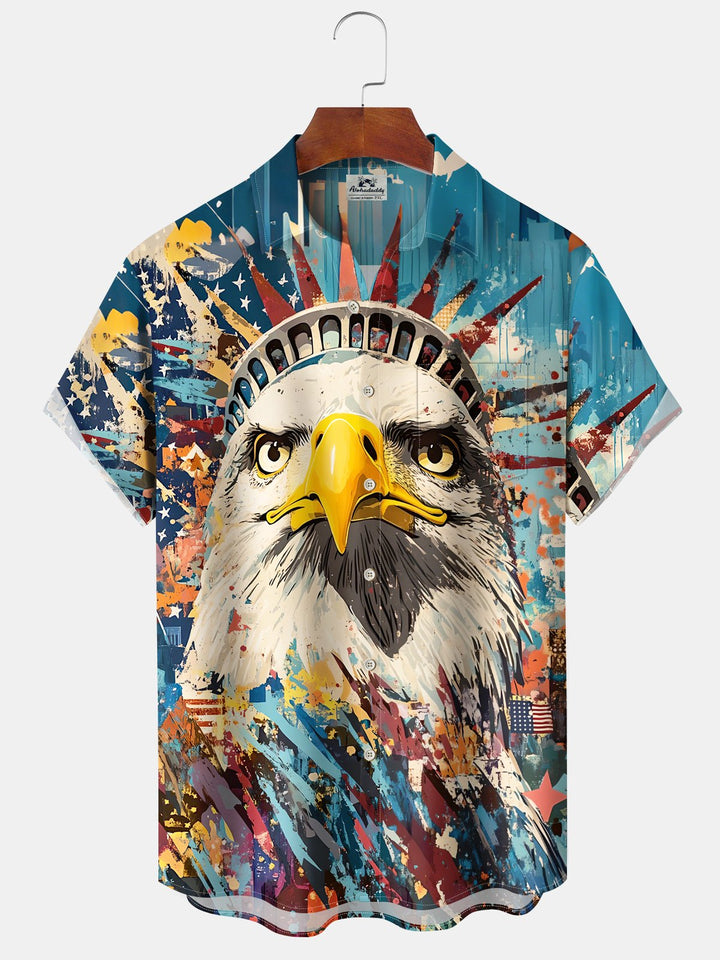 Alohadaddy Holiday Collection Independence Day American Eagle Button Cardigan Pockets Stretch Oversized Polyester Short Sleeve Shirt