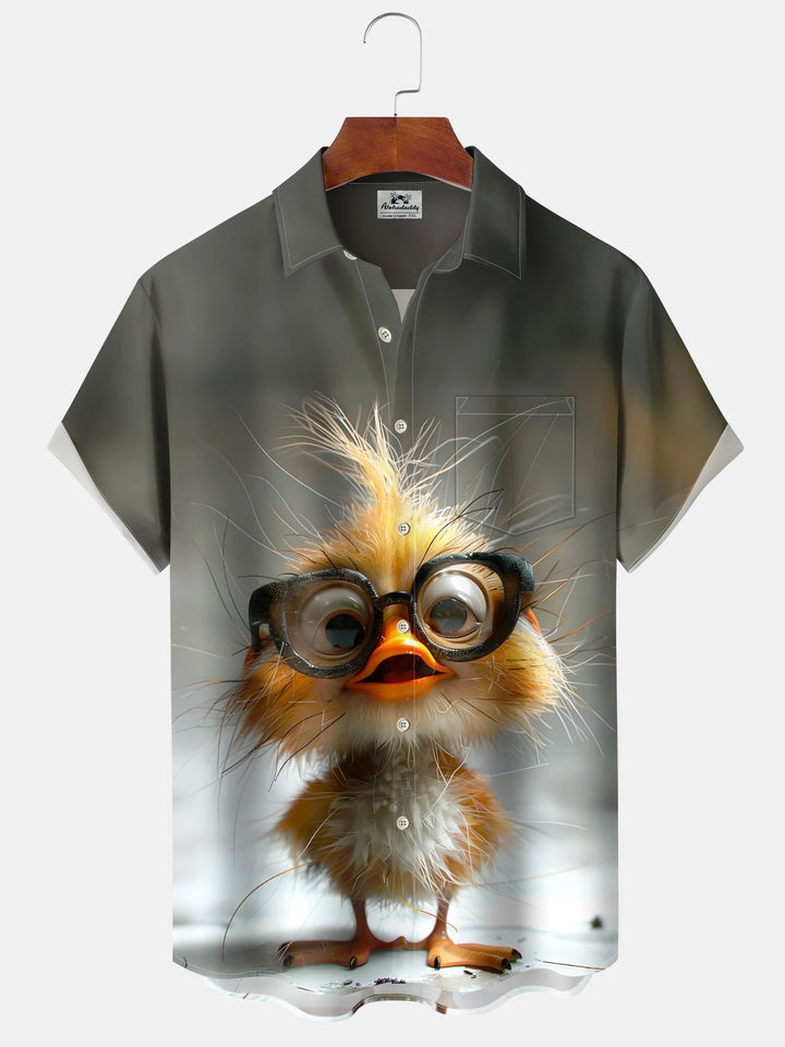 Alohadaddy Hawaiian Yellow Chicken Casual Print Art Button Cardigan Pocket Elastic Large Size Short Sleeve Shirt