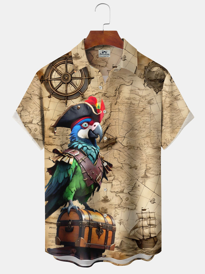 Alohadaddy Hawaiian Casual Nautical Chart Parrot Art Print Button Cardigan Pockets Stretch Oversized Polyester Short Sleeve Shirt