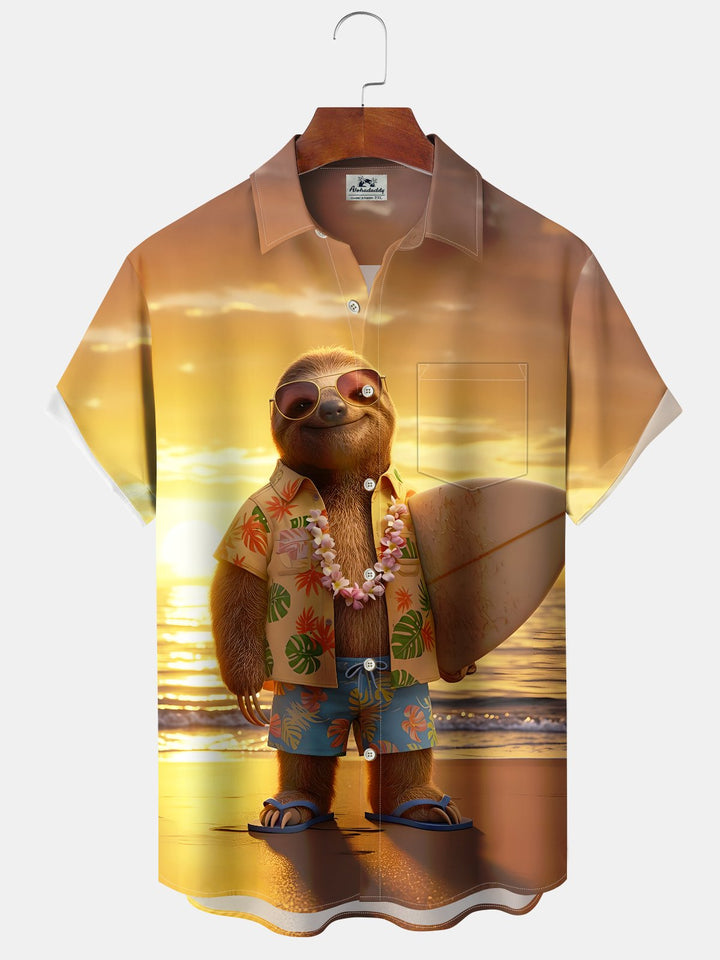 Alohadaddy Hawaii Vacation Sloth Surfboard Print Art Button Cardigan Pockets Breathable Soft Long Large Size Short Sleeve Shirt