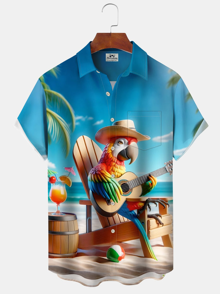 Alohadaddy Casual Collection Hawaii Vacation Parrot Guitar Print Art Button Cardigan Pocket Fresh Stretch Polyester Short Sleeve Shirt