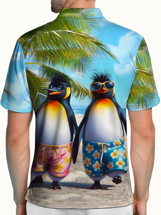 Alohadaddy Casual Everyday Penguin Beach Print Art Elastic Large Size Button Short Sleeve POLO Shirt