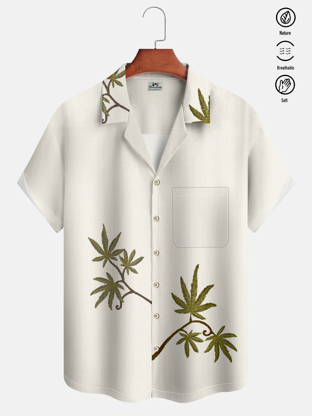 Alohadaddy Casual Everyday Hawaiian Plants Cannabis Leaves Print Art Cuban Collar Polyester Pocket Cardigan Stretch Long Large Size Short Sleeve Shirt
