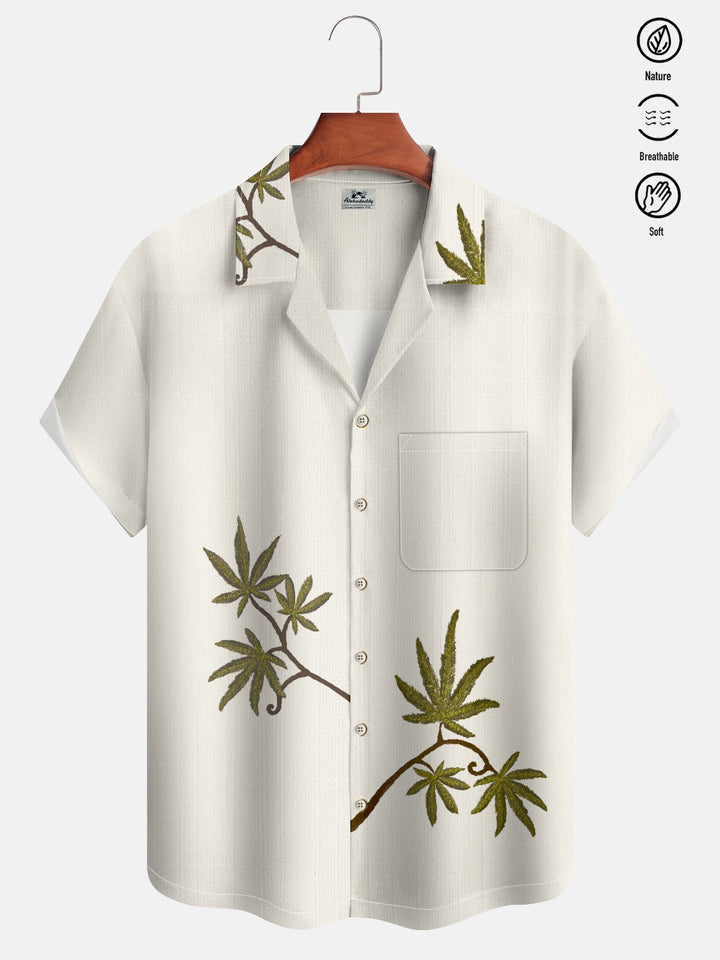 Alohadaddy Casual Everyday Hawaiian Plants Cannabis Leaves Print Art Cuban Collar Polyester Pocket Cardigan Stretch Long Large Size Short Sleeve Shirt