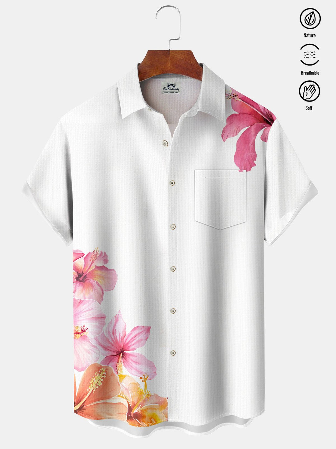 Alohadaddy Casual Floral Asymmetric Art Print Moisture Wicking Chest Pocket Hawaiian Short Sleeve Shirt