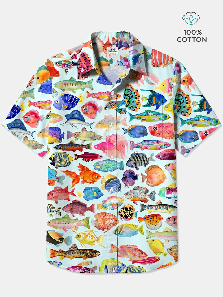 Alohadaddy Cotton Ocean Fish Art Print Moisture Wicking Chest Pocket Cardigan Hawaiian Oversized Short Sleeve Shirt