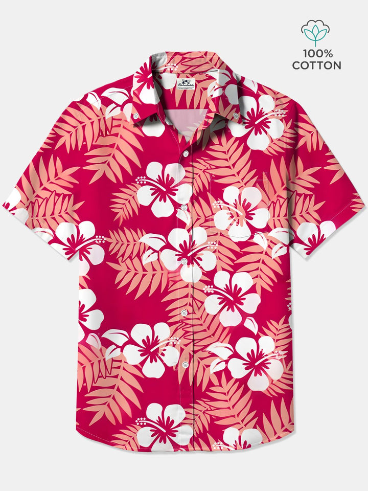 Alohadaddy® Cotton Hibiscus Flower Art Print Chest Pocket Cardigan Oversized Long Hawaiian Short Sleeve Shirt