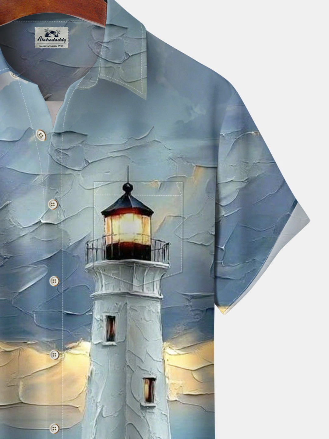 Alohadaddy® Casual Seaside Lighthouse Print Art Pockets Moisture Wicking Hawaiian Shirt Big &amp; Tall