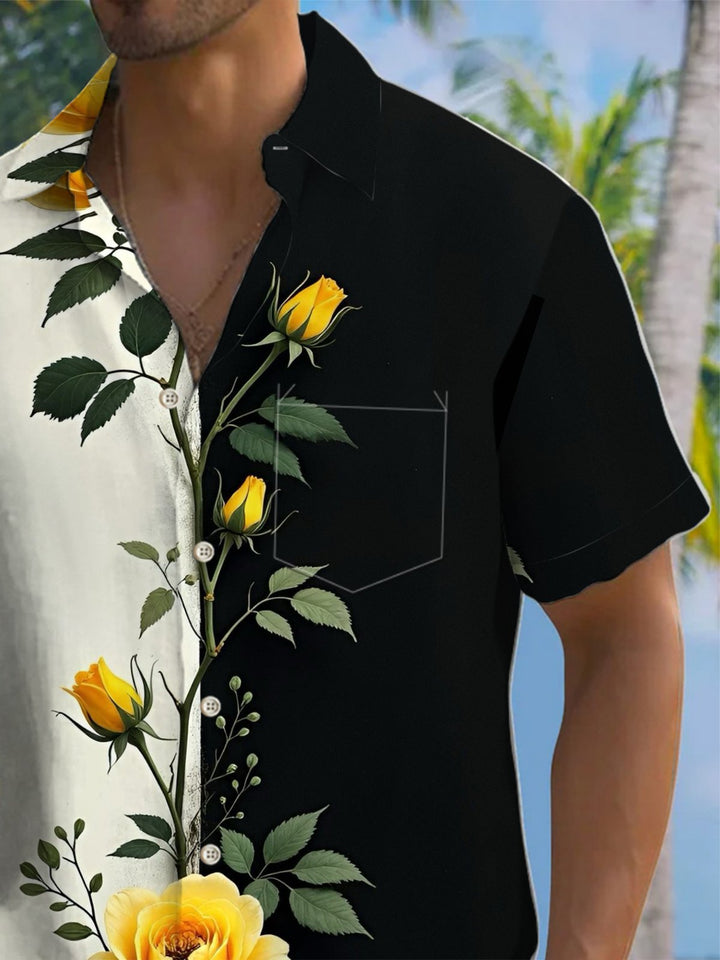 Alohadaddy® Casual Floral Contrast Art Print Chest Pocket Men&