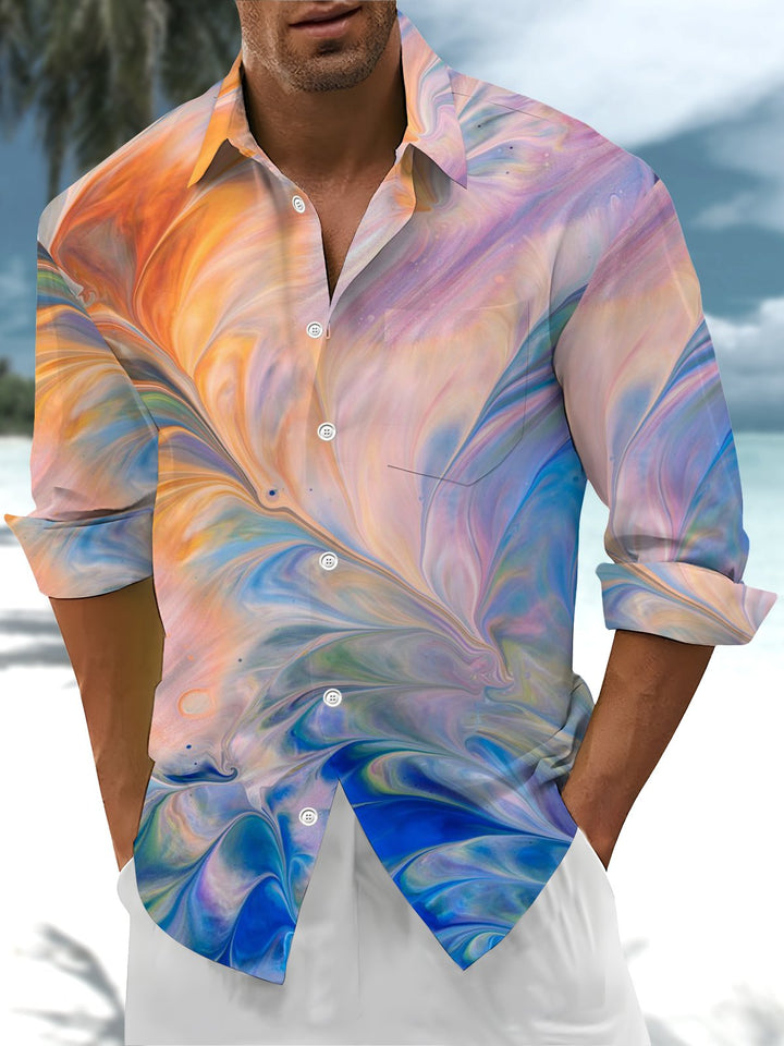Alohadaddy® Casual Abstract Art Print Chest Pocket Stretch Men&