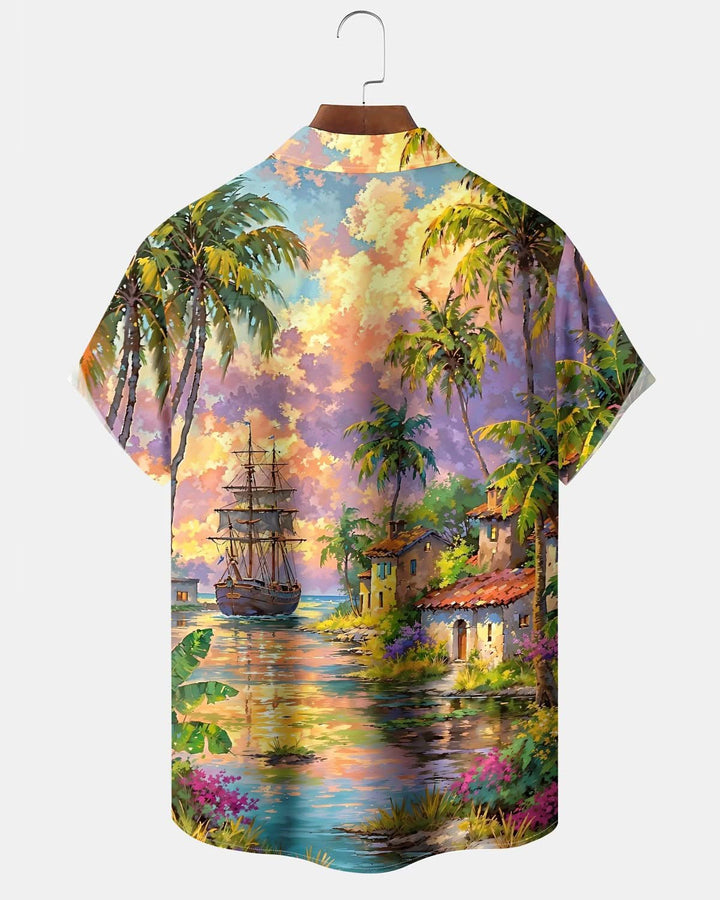 Alohadaddy® Hawaiian Beach Vacation Print Art Pocket Button Stretch Men&