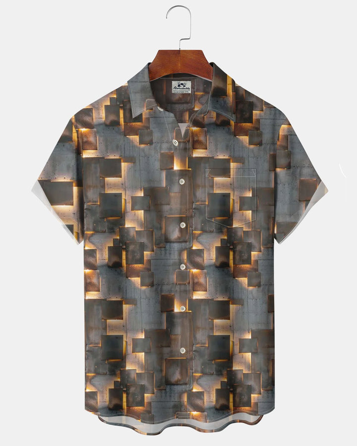 Alohadaddy® Retro Geometric Brick Print Art Stretch Button Pocket Men&